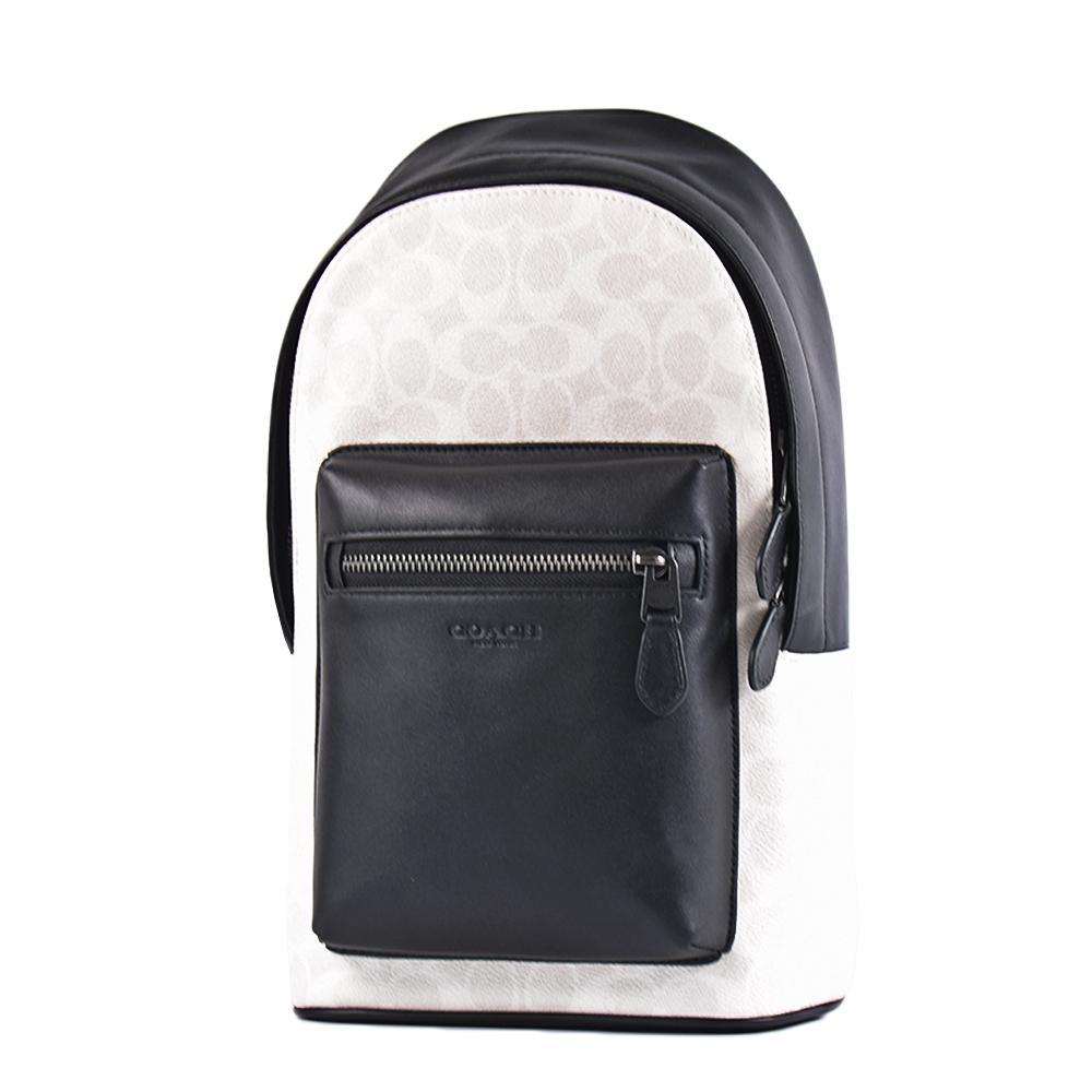 COACH - COACH 男款緹花LOGO防刮拚小牛皮單肩背胸包-白 黑